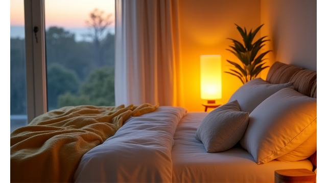 A calm bedroom setting with soft lighting and comfortable bedding, representing sleep and recovery.