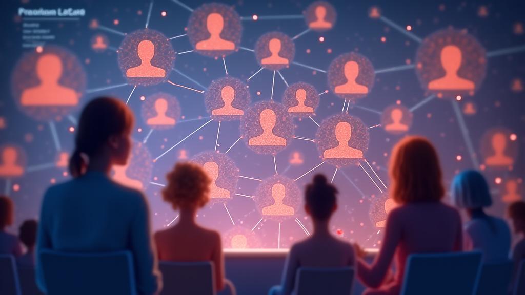 A diverse group of adults 35+ interacting positively in a digital space, represented by subtly glowing connections between their profiles on a screen. The mood is collaborative and supportive.